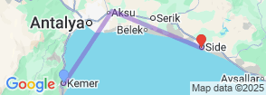 Daily Perge-Aspendos-Side Cities Tour from Kemer Map